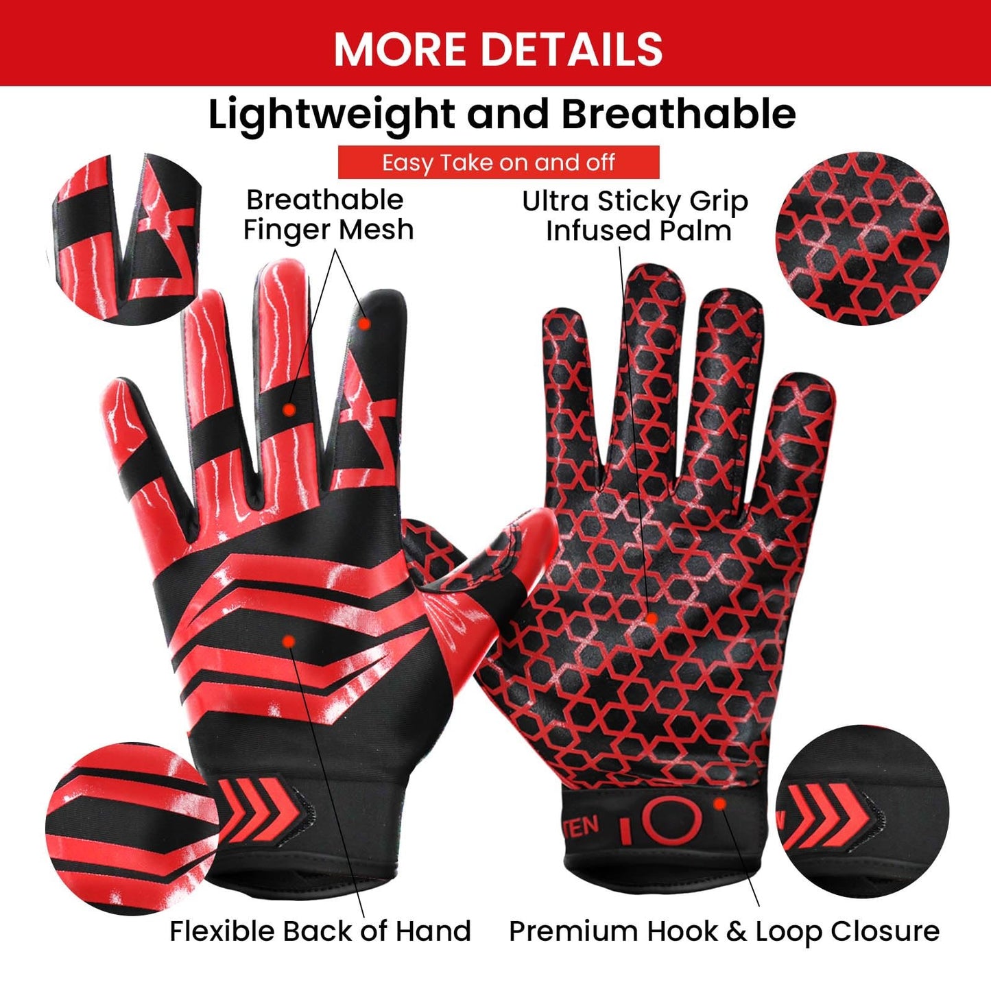 Youth Football Receiver Gloves Large Red Silicone Palm Breathable Grip