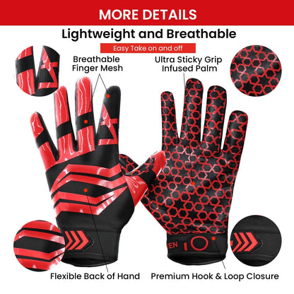 Youth Football Receiver Gloves Large Red Silicone Palm Breathable Grip