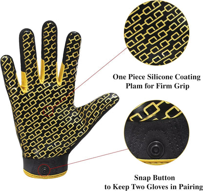 Youth American Football Gloves, Sticky Wide Receiver Gloves for Kids, Black and Gold Stretch Fit Rugby Gloves