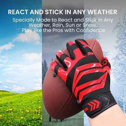 Youth Football Receiver Gloves Large Red Silicone Palm Breathable Grip