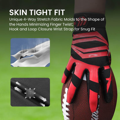 Youth Football Receiver Gloves Large Red Silicone Palm Breathable Grip